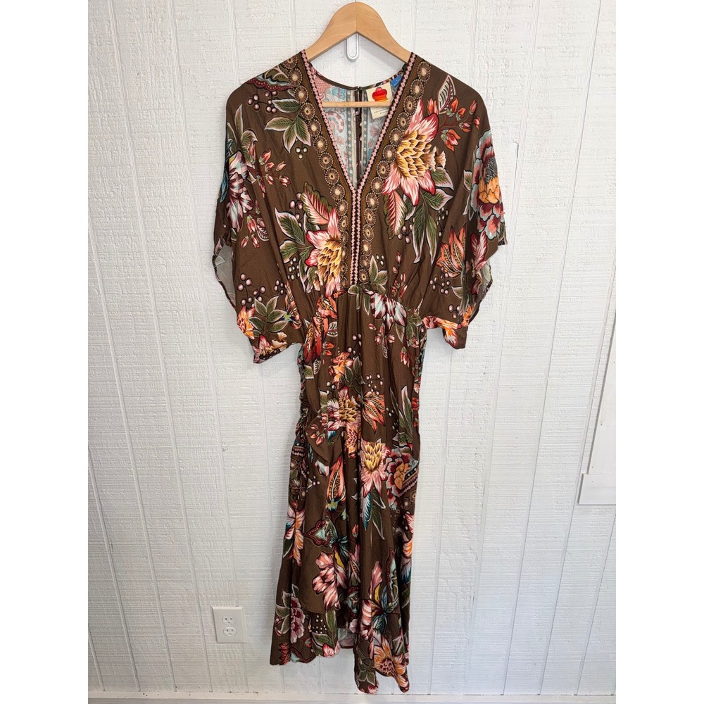 Farm Rio for Anthropologie Maxi Dress Women Brown Floral Ruched V-Neck Small
